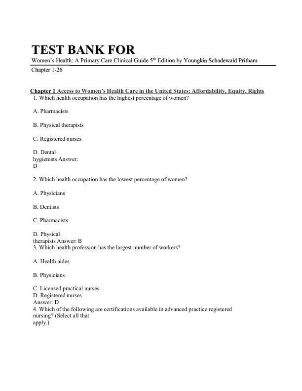 mobile-preview-Test Bank For Women’s Health A Primary Care Clinical Guide 5th Edition by Youngkin Schadewald Pritham | Chapter 1-26 Complete100% Guide A+