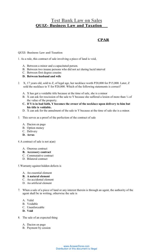 Test Bank Law on Sales QUIZ- Business Law and Taxation Complete100% Guide A+