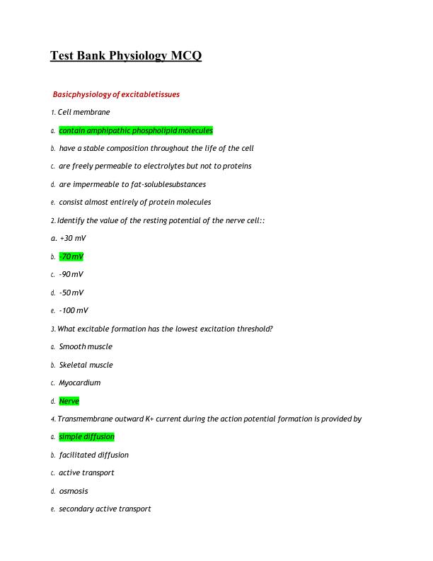 Test Bank Physiology MCQ Complete100% Guide A+