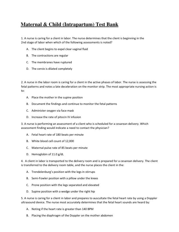 Maternal & Child (Intrapartum) Test Bank Complete Questions & Answers A+ Exam Prep Guide
