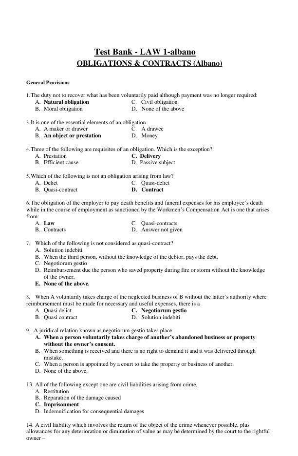 Test Bank - LAW 1-albano OBLIGATIONS & CONTRACTS (Albano) Complete Questions & Answers A+ Exam Prep Guide