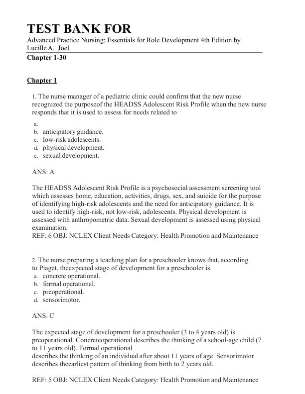 Test Bank For Advanced Practice Nursing Essentials for Role Development 4th Edition by Lucille A. Joel Chapter 1-30 | Complete Questions & Answers A+ Exam Prep Guide