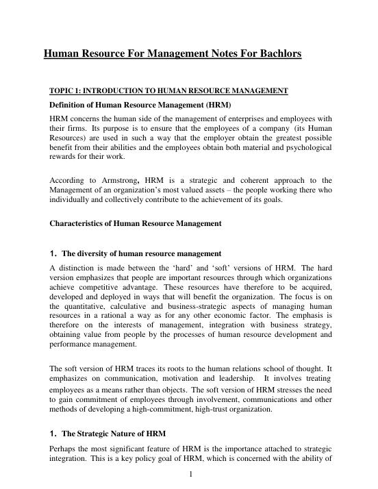 Human Resource For Management Notes For Bachlors (Complete 100%A+ Guide)