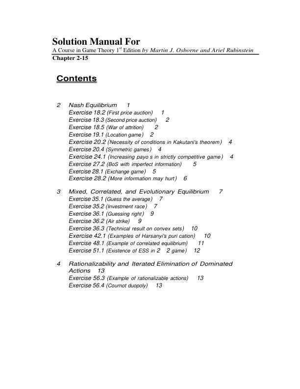 Solution Manual For A Course in Game Theory 1st Edition by Martin J. Osborne and Ariel Rubinstein Chapter 2-15 | (Complete 100%A+ Guide)