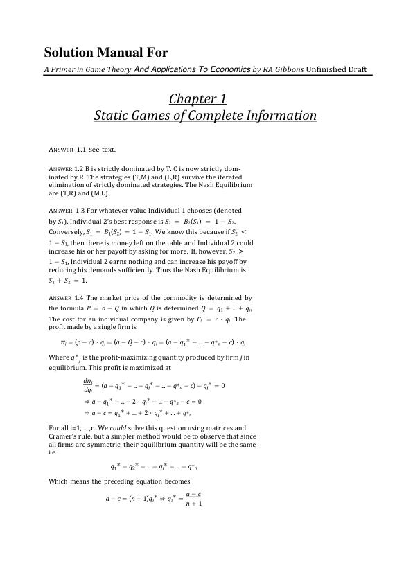 Solution Manual For A Primer in Game Theory And Applications To Economics by RA Gibbons Unfinished Draft | (Complete 100%A+ Guide)