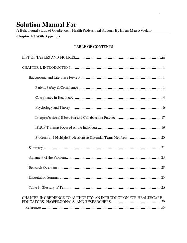 Solution Manual For A Behavioural Study of Obedience in Health Professional Students By Efrem Mauro Violato Chapter 1-7 With Appendix [A-E] (Complete 100%A+ Guide)