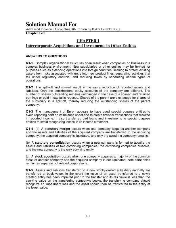 Solution Manual For Advanced Financial Accounting 8th Edition by Baker Lembke King Chapter 1-20