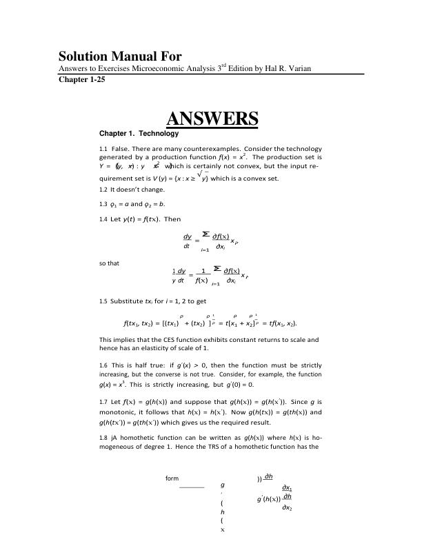 Solution Manual For Answers to Exercises Microeconomic Analysis 3rd Edition by Hal R. Varian | Chapter 1-25 (Complete 100%A+ Guide)