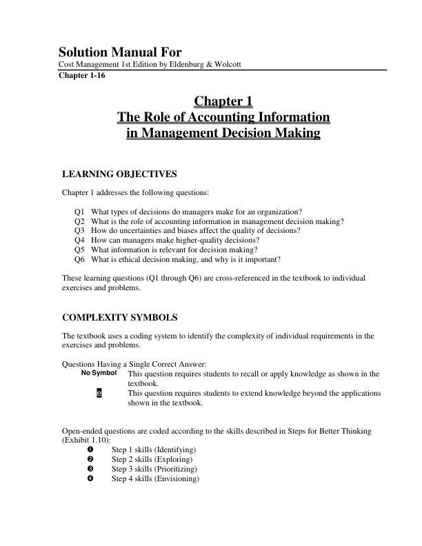 Solution Manual For Cost Management 1st Edition by Eldenburg & Wolcott | Chapter 1-16 (Complete 100%A+ Guide)