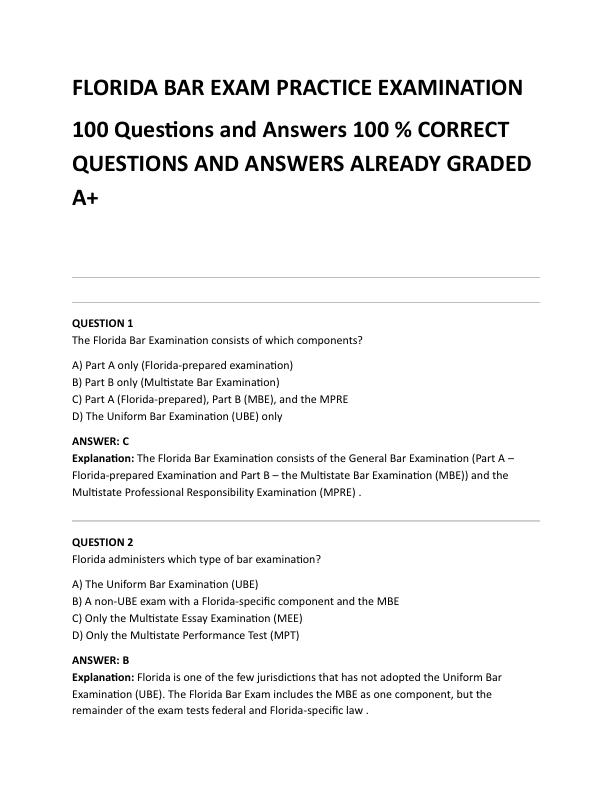FLORIDA BAR EXAM PRACTICE EXAMINATION