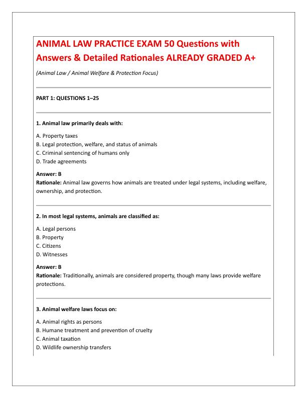 ANIMAL LAW PRACTICE EXAM 50 Questions with Answers