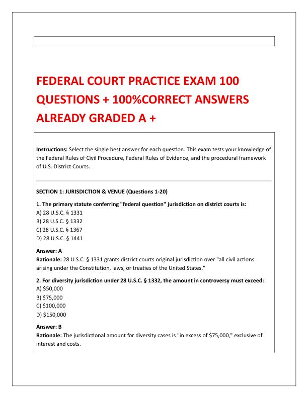 FEDERAL COURT PRACTICE EXAM 100 QUESTIONS