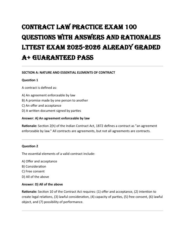 CONTRACT LAW PRACTICE EXAM 100 Questions with Answers and Rationales LTTEST EXAM 2025