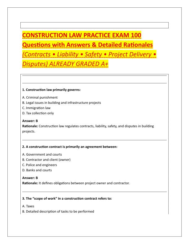 CONSTRUCTION LAW PRACTICE EXAM 100 Questions with Answers