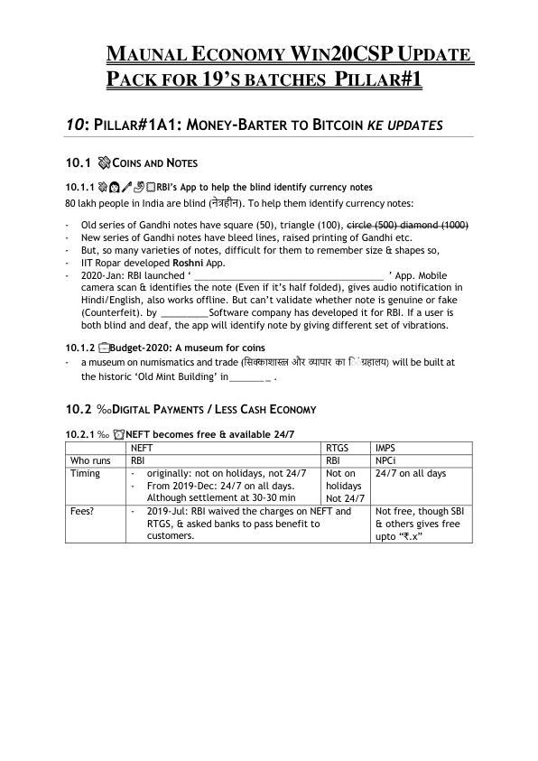 Solution Manual For Economy Win20CSP Update Pack For 19,S Batches PILLAR#1 Chapter 10-17 (अर्थव्यवस्था अपडेट मुद्रा, डिजिटल भुगतान और क्रिप्टोकरेंसी)