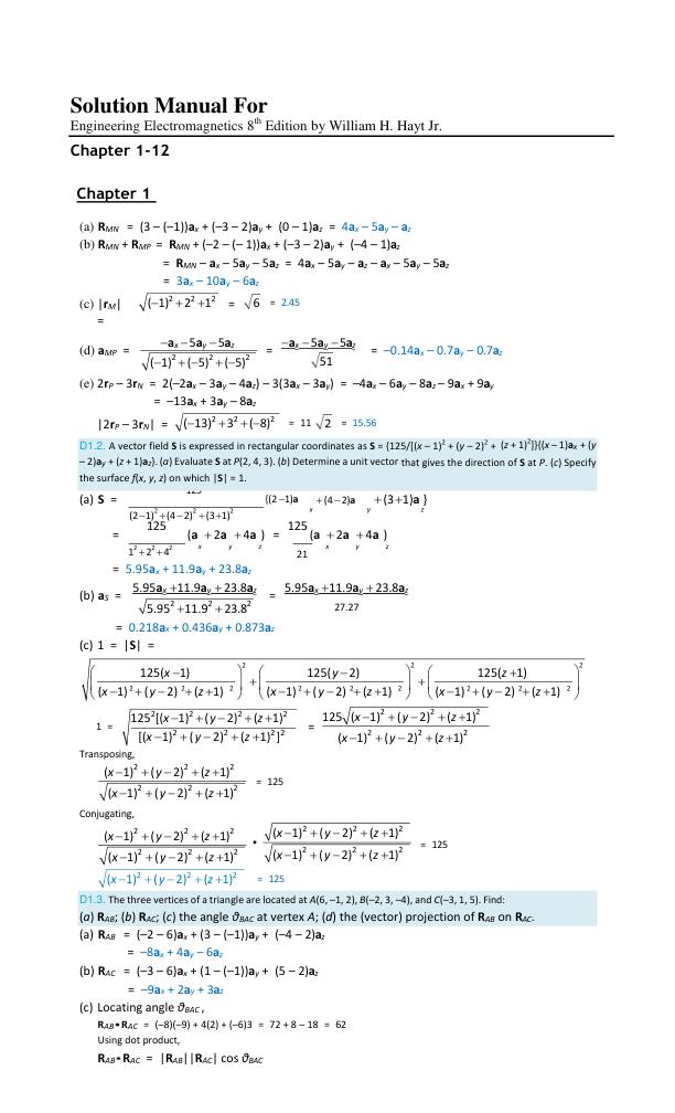 mobile-preview-Solution Manual For Engineering Electromagnetics 8th Edition by William H. Hayt Jr | Chapter 1-12