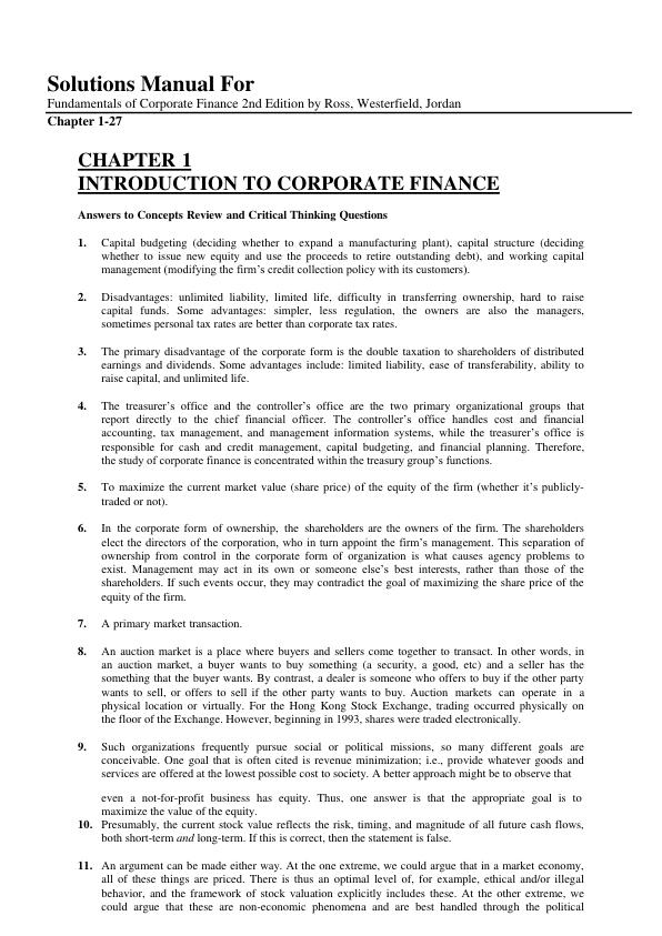 mobile-preview-Solution Manual For Fundamentals of Corporate Finance 2nd Edition by Ross, Westerfield, Jordan Chapter 1-27 | (Complete 100% A+Guide)
