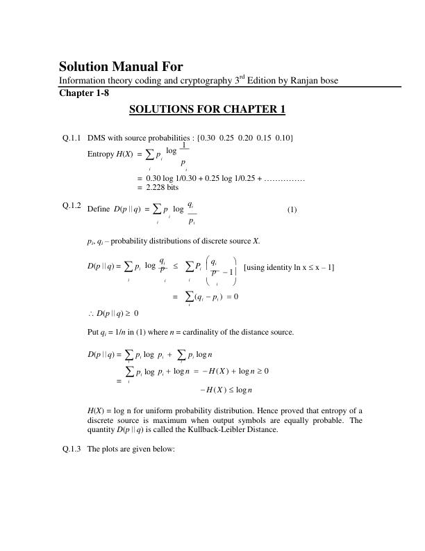 Solution Manual For Information theory coding and cryptography 3rd Edition by Ranjan bose | (Complete 100% A+ Guide)