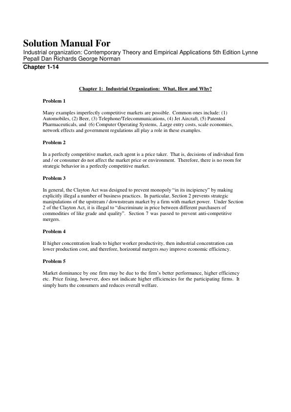 Solution Manual For Industrial organization Contemporary Theory and Empirical Applications 5th Edition by Lynne Pepall Dan Richards George Norman Chapter 1-14 | (Complete 100% A+ Guide)