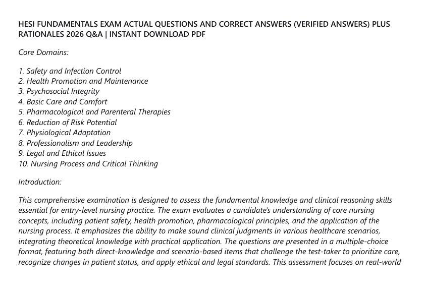 HESI FUNDAMENTALS EXAM ACTUAL QUESTIONS AND CORRECT ANSWERS (VERIFIED ANSWERS) PLUS