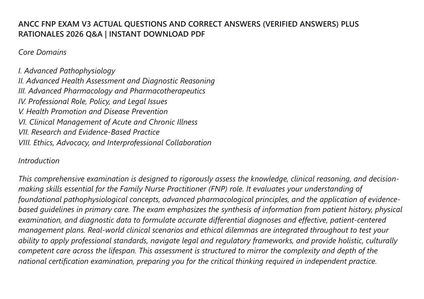 ANCC FNP EXAM V3 ACTUAL QUESTIONS AND CORRECT ANSWERS (VERIFIED ANSWERS) PLUS