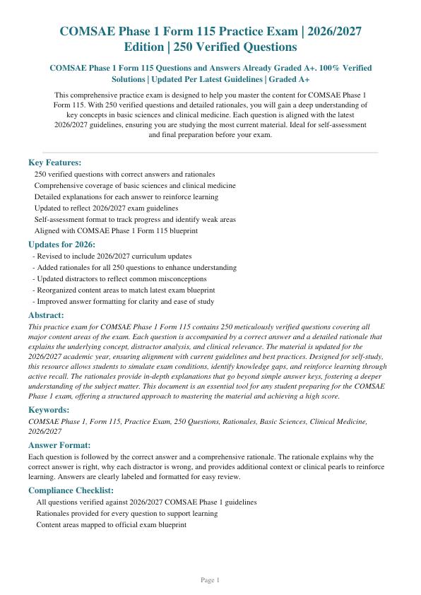 2026_Latest_Practice_Exam_for_COMSAE_Phase_1_Form_115_with_250_Questions_and_Correct_Answers_with_Rationales_to_Test_yourself_COMSAE_Phase_I_Form_115_Correctly_Answered_Practice_Test