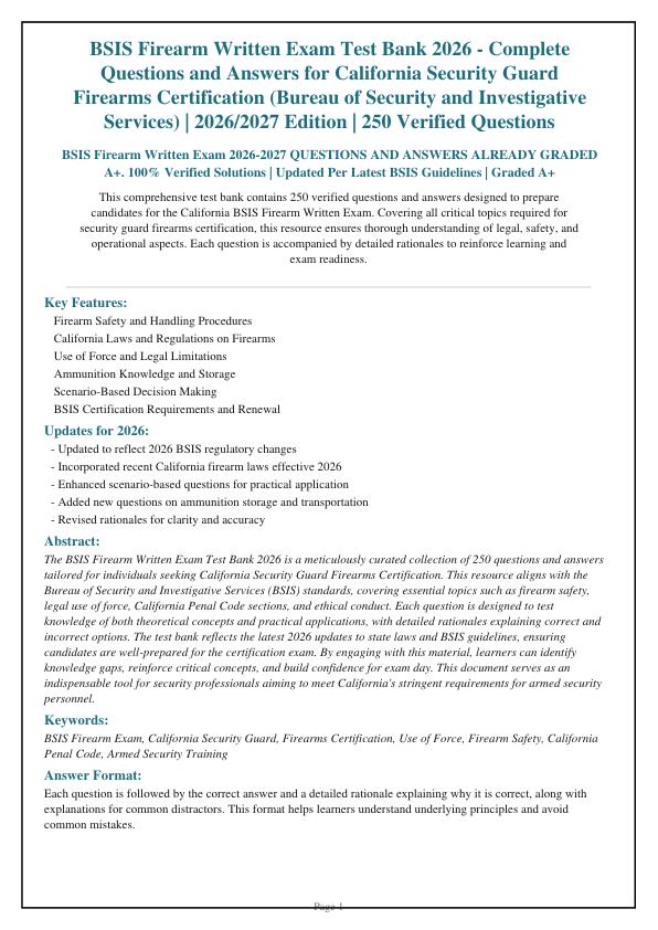BSIS Firearm Written Exam 2026-2027 QUESTIONS AND ANSWERS ALREADY GRADED A+. 100% Verified Solutions | Updated Per Latest BSIS Guidelines | Graded A+