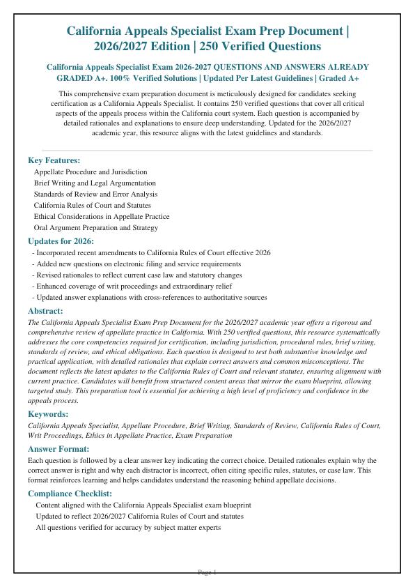 California Appeals Specialist Exam 2026-2027 QUESTIONS AND ANSWERS ALREADY GRADED A+. 100% Verified Solutions | Updated Per Latest Guidelines | Graded A+