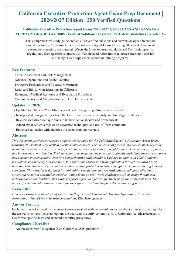 California Executive Protection Agent Exam 2026-2027 QUESTIONS AND ANSWERS ALREADY GRADED A+. 100% Verified Solutions | Updated Per Latest Guidelines | Graded A+