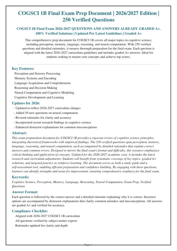COGSCI 1B Final Exam 2026-2027 QUESTIONS AND ANSWERS ALREADY GRADED A+. 100% Verified Solutions | Updated Per Latest Guidelines | Graded A+