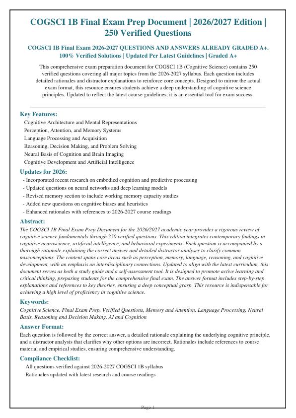 COGSCI 1B Final Exam 2026-2027 QUESTIONS AND ANSWERS ALREADY GRADED A+. 100% Verified Solutions | Updated Per Latest Guidelines | Graded A+