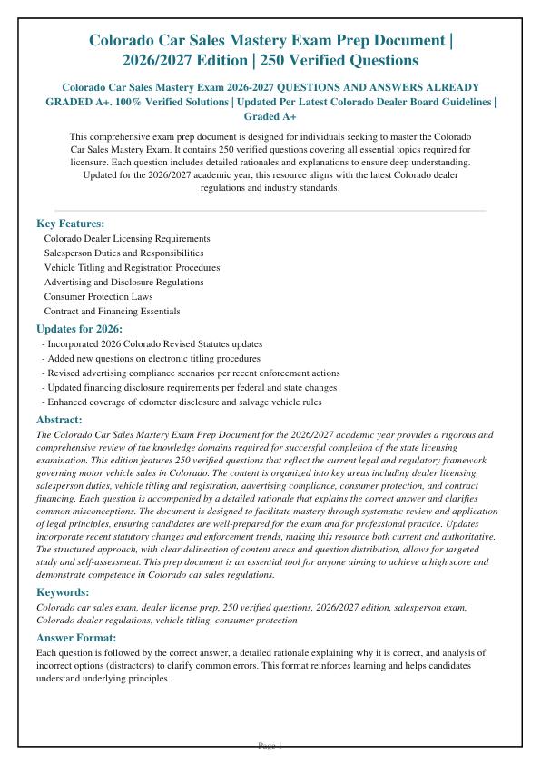Colorado Car Sales Mastery Exam 2026-2027 QUESTIONS AND ANSWERS ALREADY GRADED A+. 100% Verified Solutions | Updated Per Latest Colorado Dealer Board Guidelines | Graded A+