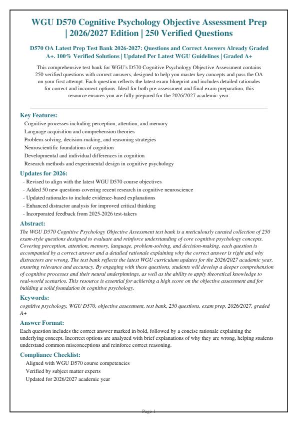 WGU D570 Cognitive Psychology Objective Assessment Prep | 2026/2027 Edition | 250 Verified Questions