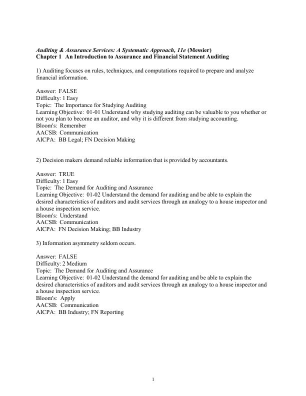 Test Bank for Auditing & Assurance Services: A Systematic Approach (11th Edition) by William F. Messier Jr. | Complete Questions & Verified Answers