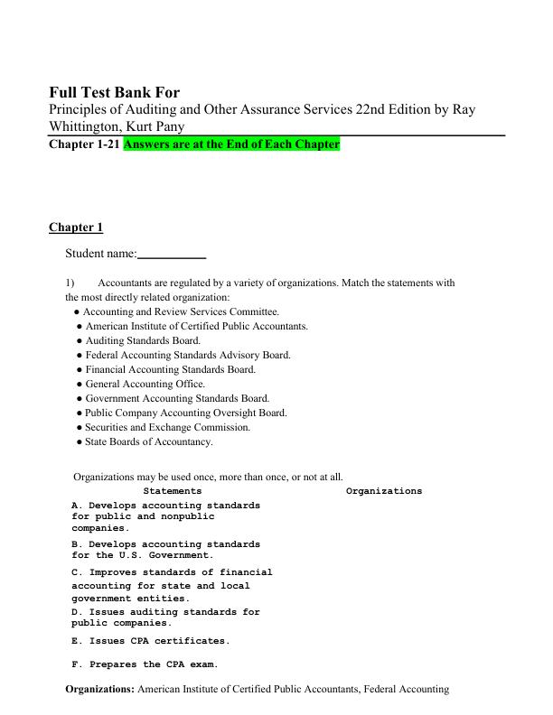 Full Test Bank for Principles of Auditing and Other Assurance Services (22nd Edition) by Ray Whittington & Kurt Pany | Chapters 1–21 | Complete Questions & Answers