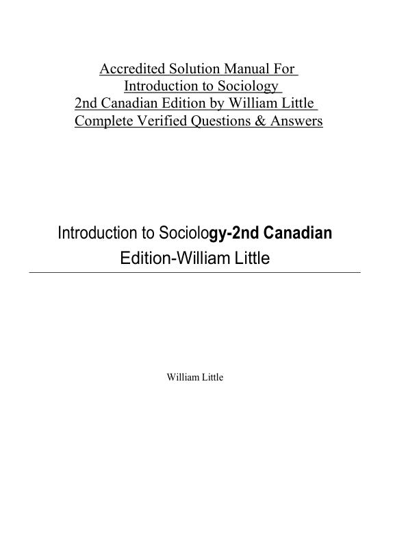 Accredited Solution Manual For Introduction to Sociology 2nd Canadian Edition by William Little | Complete Verified Questions & Answers
