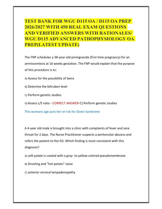 WGU D115 OA Prep Test Bank 2026–2027 Advanced Pathophysiology Objective Assessment 450 Verified Exam Questions & Answers with Rationales