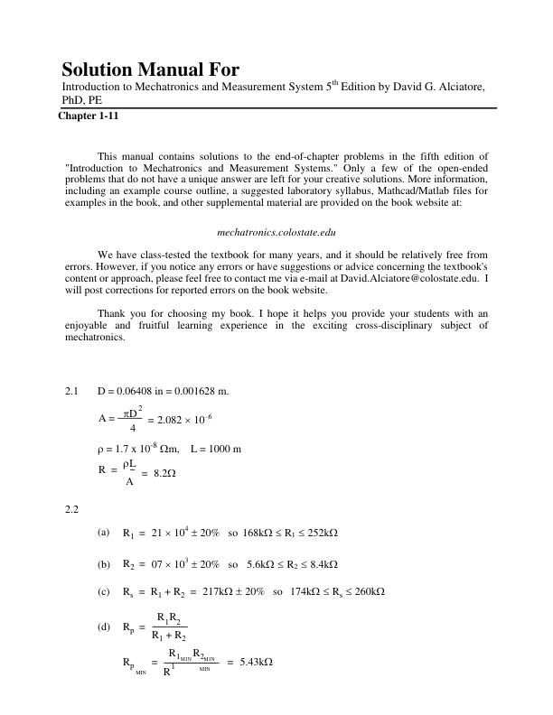 Solution Manual For Introduction to Mechatronics and Measurement System 5th Edition by David G. Alciatore, PhD, PE | Chapter 1-11