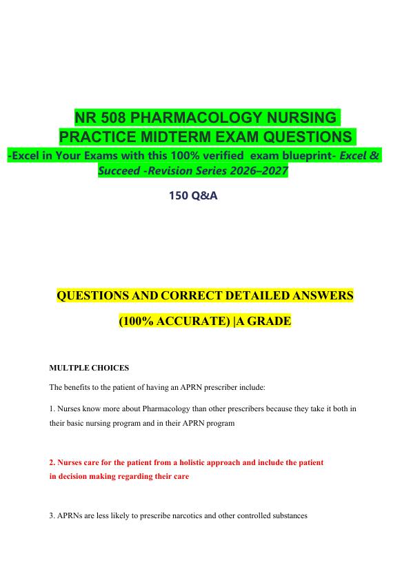 _   NR 508 PHARMACOLOGY NURSING PRACTICE MIDTERM EXAM QUESTIONS   -Excel in Your Exams with this 100% verified  exam blueprint- Excel & Succeed -Revision Series 2026–2027  
