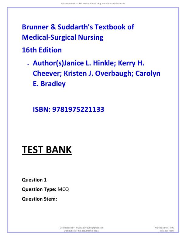 Brunner & Suddarth's Textbook of Medical-Surgical Nursing 15th Edition Test Bank_-Excel in Your Exams with this 100% verified  exam blueprint- 