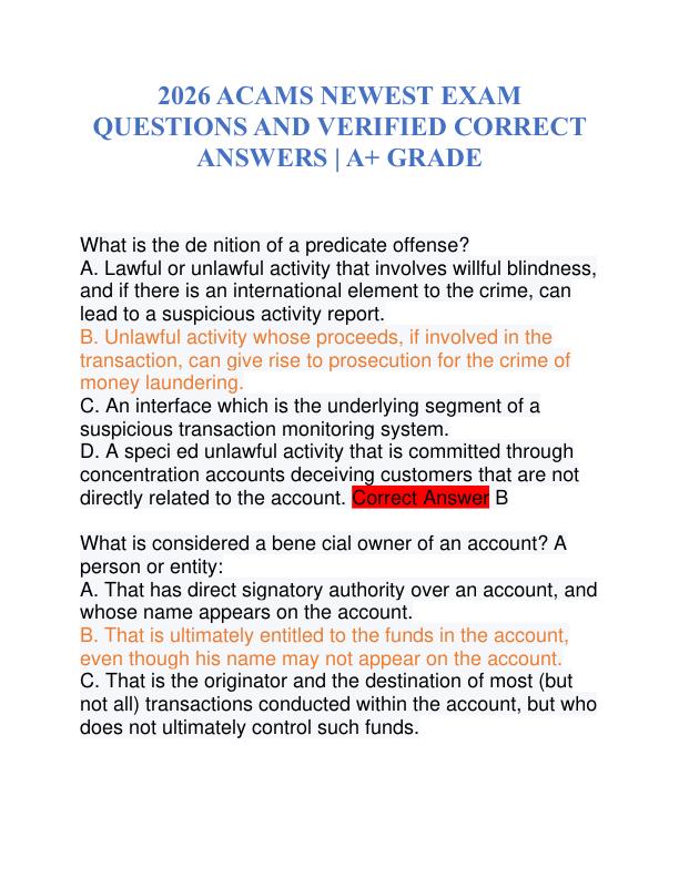 2026 ACAMS NEWEST EXAM QUESTIONS AND VERIFIED CORRECT ANSWERS