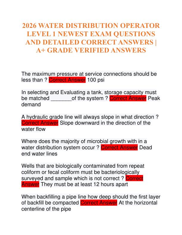 2026/2027 WATER DISTRIBUTION OPERATOR LEVEL 1 NEWEST EXAM QUESTIONS AND DETAILED CORRECT ANSWERS
