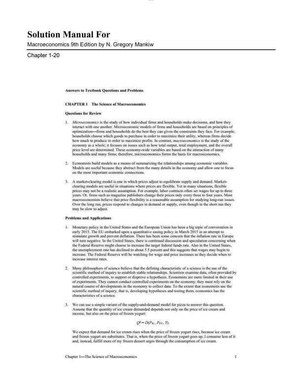Solution Manual For Macroeconomics 9th Edition by N. Gregory Mankiw Chapter 1-20