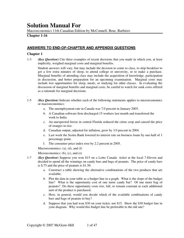 Solution Manual For Macroeconomics 11th Canadian Edition by McConnell, Brue, Barbiero Chapter 1-16