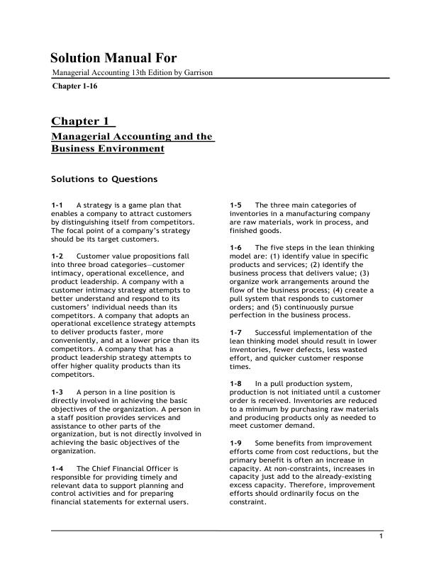 Solution Manual For Managerial Accounting 13th Edition by Garrison Chapter 1-16