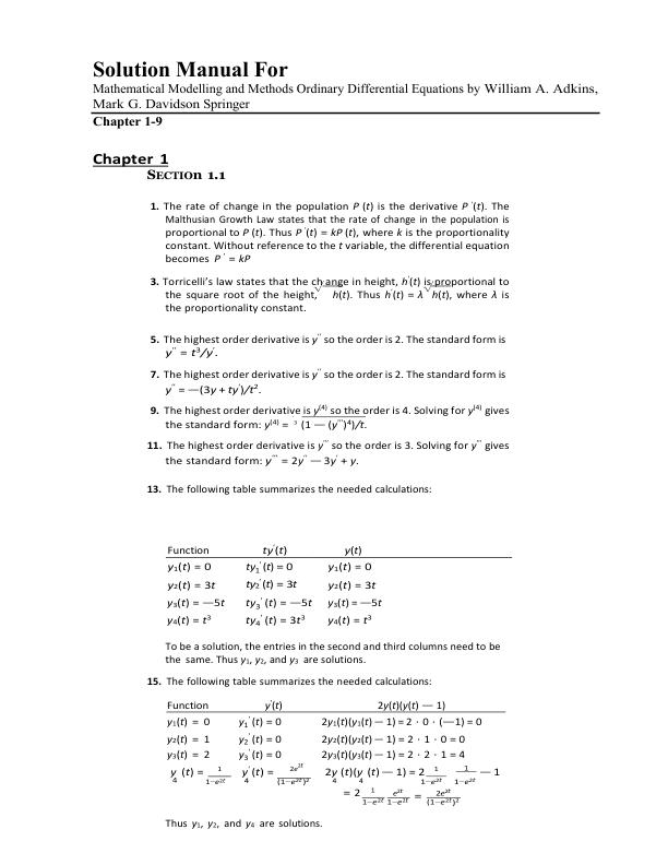 Solution Manual For Mathematical Modelling and Methods Ordinary Differential Equations by William A. Adkins, Mark G. Davidson Springer Chapter 1-9