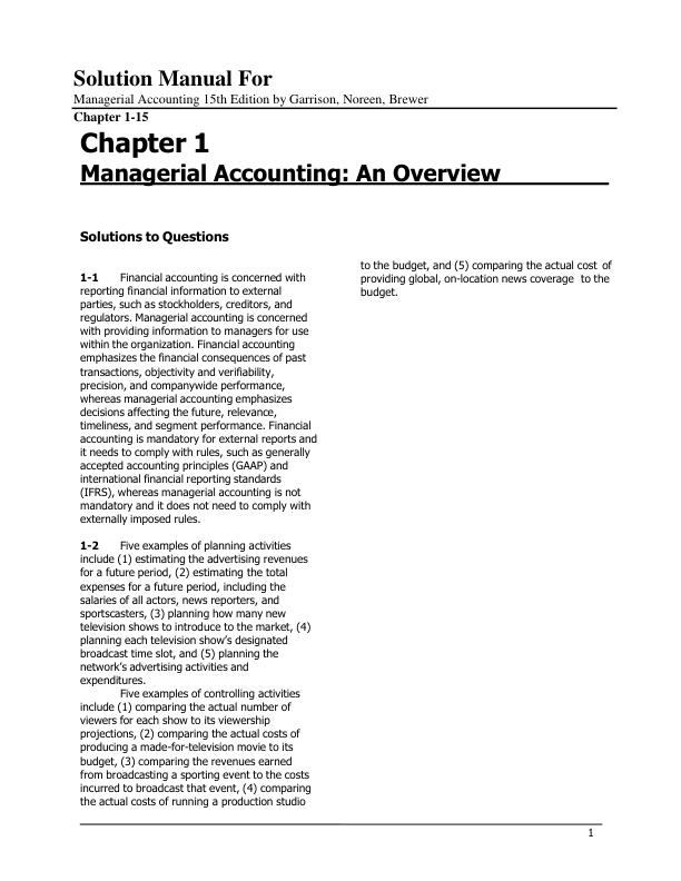 Solution Manual For Managerial Accounting 15th Edition by Garrison, Noreen, Brewer Chapter 1-15