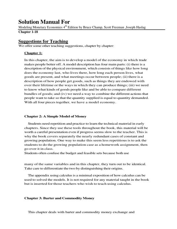 Solution Manual For Modeling Monetary Economies Fourth Edition by Bruce Champ, Scott Freeman ,Joseph Haslag Chapter 1-18 With Complete Solution Guide A+