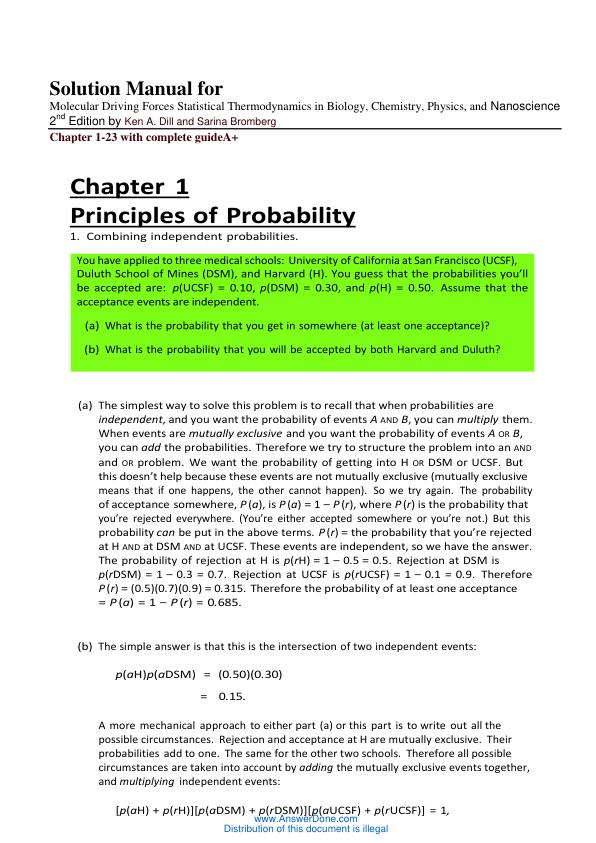 Solution Manual for Molecular Driving Forces Statistical Thermodynamics in Biology, Chemistry, Physics, and Nanoscience by Ken A. Dill and Sarina Bromberg | Chapter 1-23 With Complete Solution Guide A+
