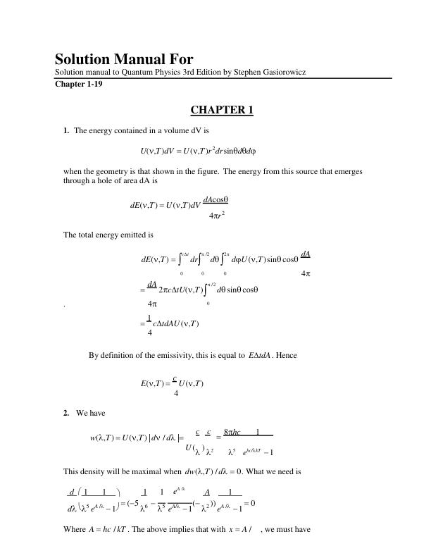 Solution Manual For Solution manual to Quantum Physics 3rd Edition by Stephen Gasiorowicz Chapter 1-19